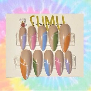 HANDPAINTED RAINBOW COLOURBLOCK GEL PRESS ON NAILS